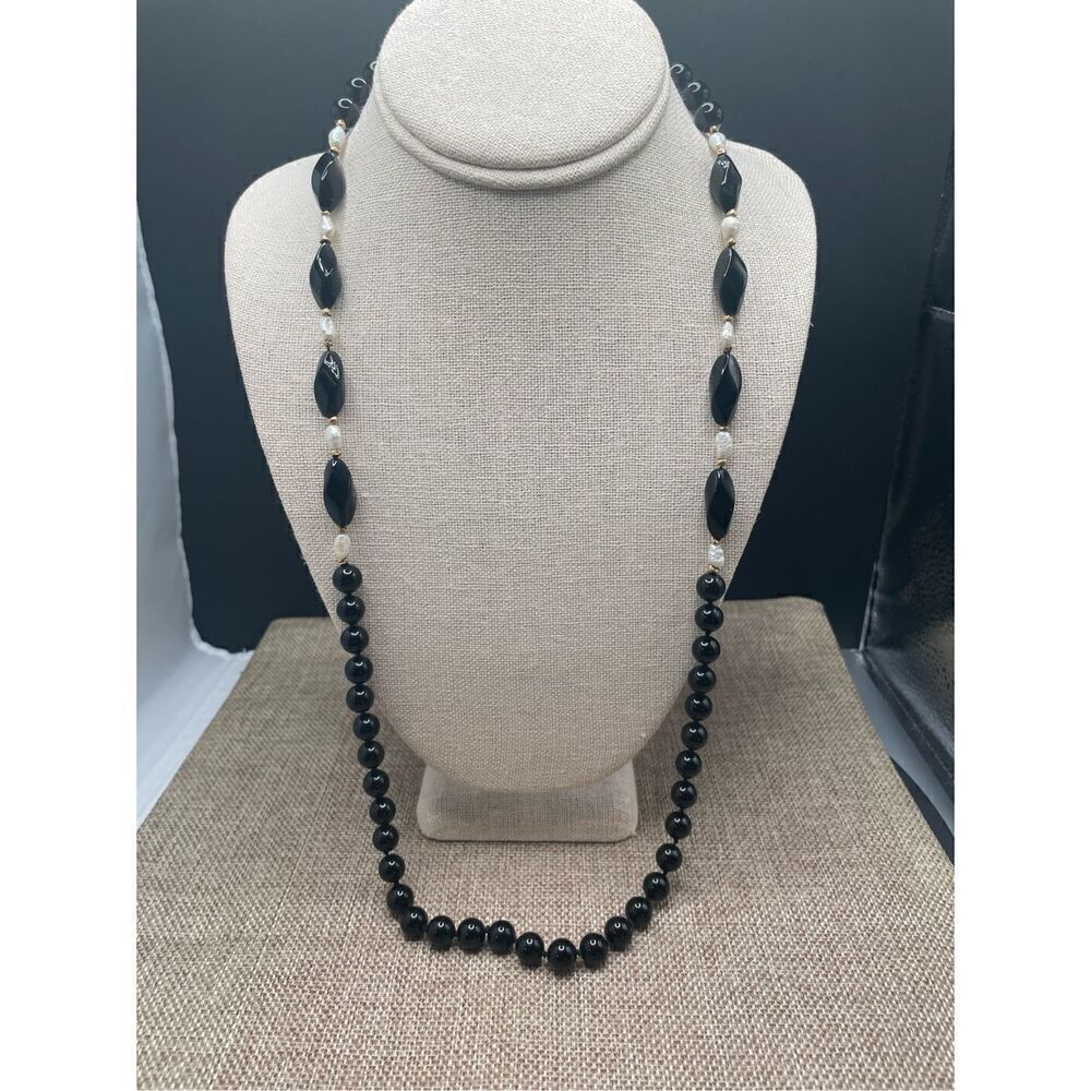 Black Onyx and Pearl Necklace Gold Rondelle Beads 15” Collections Gift Ideas
